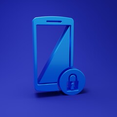 Blue Smartphone with closed padlock icon isolated on blue background. Phone with lock. Mobile security, safety, protection concept. Minimalism concept. 3D render illustration