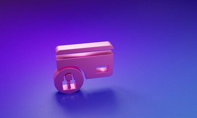 Pink Credit card with lock icon isolated on purple-blue background. Locked bank card. Security, safety, protection concept. Concept of a safe payment. Minimalism concept. 3D render illustration