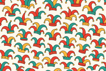 Jester hat seamless pattern. Funny fool cap background for carnival, festival, or circus. Vector illustration for April Fool's Day. Retro cartoon doodle style design element.