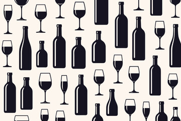 Fototapeta premium Wine seamless pattern vector background. Elegant silhouettes of wine bottles and glasses. Graphic design for bar menu, winery, restaurant, wallpaper or fabric. Alcohol drink concept.