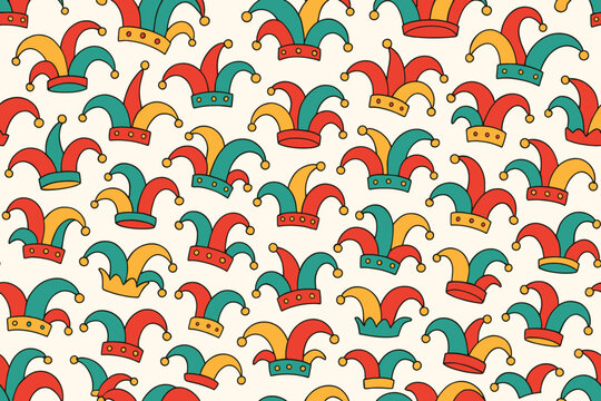 Jester hat seamless pattern. Funny fool cap background for carnival, festival, or circus. Vector illustration for April Fool's Day. Retro cartoon doodle style design element.