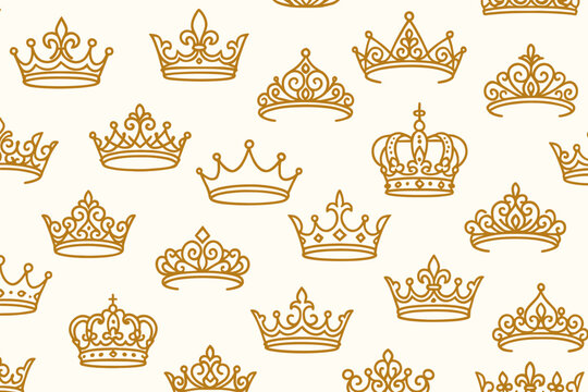 Regal crowns seamless pattern. Luxury gold line art collection of king, queen, princess tiaras. Royal vector background with elegant doodle symbols for decorative wallpaper. - Powered by Adobe