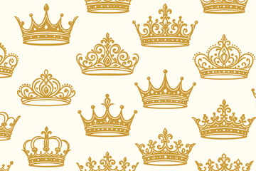 Gold crowns seamless pattern. Royal vintage background with king, queen and princess tiaras. Luxury monarch heraldic symbols. Ornate filigree decorative vector wallpaper design.