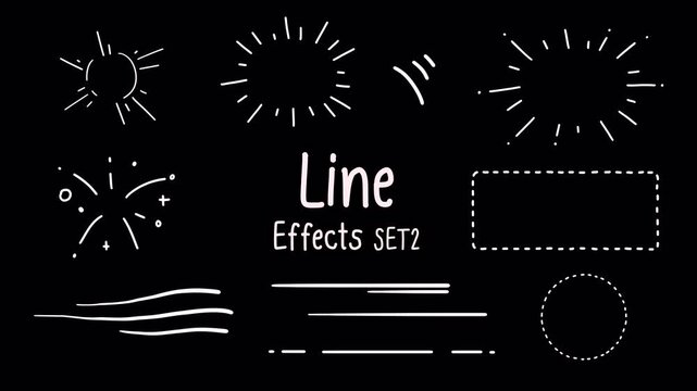 Set 2 of line effects, pop and move around the frame, circle burst ray, radiant, dash round running lines, swoosh, underline, sparkle, Hand-drawn animation on a transparent background, alpha channel