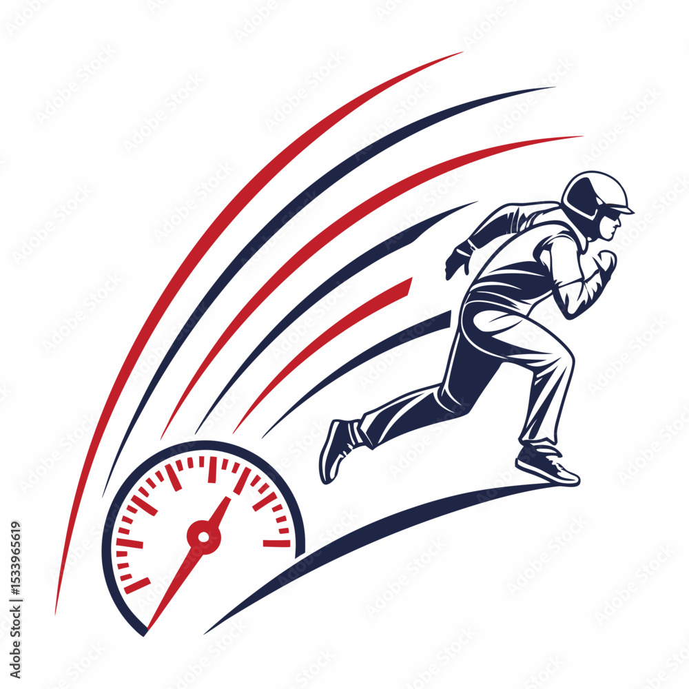 Poster speedometer icon with running man in blue and red motion lines on white background fast