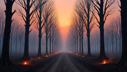 Serene forest road lined with bare trees at sunset and small fires burning.