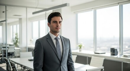 Fototapeta premium Confident Businessman Gray Suit Office Setting modern office