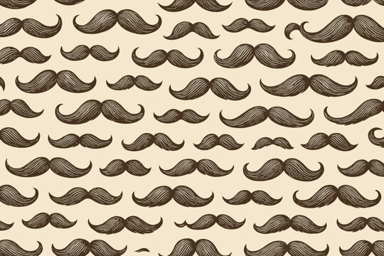 Vintage mustache seamless pattern vector. Hand drawn background with different retro moustaches. Hipster gentleman style wallpaper design for barbershop. Funny classic facial hair.