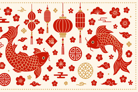 Lunar New Year elegance with red koi fish, traditional Chinese lanterns, plum blossoms, lucky symbols, and oriental patterns. Festive Asian holiday vector illustration for celebration.