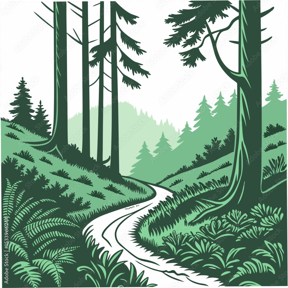 Poster winding forest trail green nature scene running loop path on white background vector