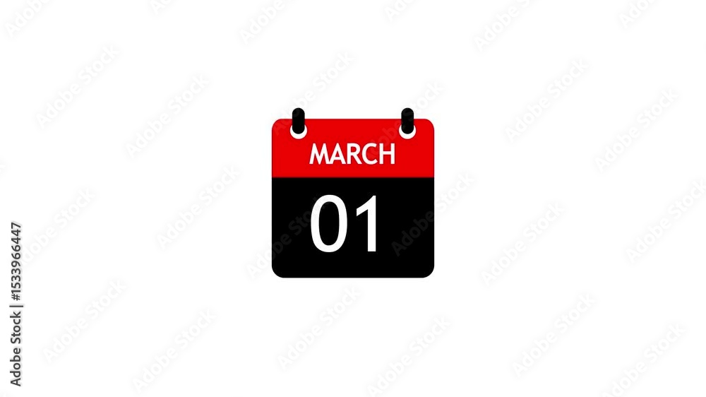 Poster march 1 daily calendar icon animation on transparent background. calendar with the date march 1 on a