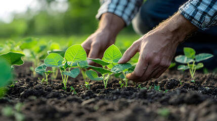 Farmer examining soybean seedlings in the field, agriculture concept