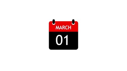 March 1 Daily Calendar icon animation on transparent background. Calendar with the date march 1 on a white background.