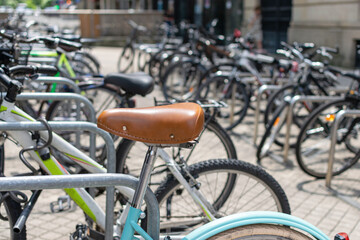 Bicycle parking. Blurred background.

