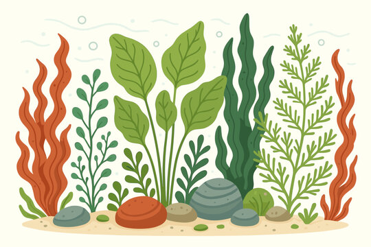 Underwater world background with seaweed and aquatic plants. Vector illustration of an ocean floor or aquarium scene. Marine seascape with algae, sand, stones, and water bubbles.