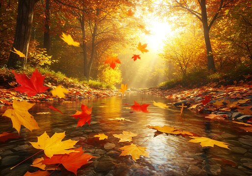 Autumnal Forest Stream with Falling Leaves. Generative Ai