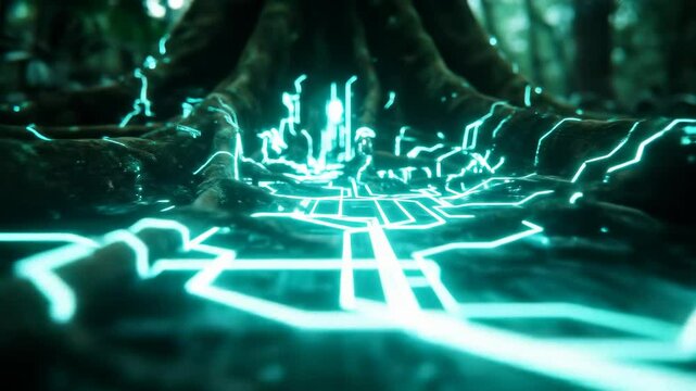 Ancient tree roots merge with glowing cyan digital circuits on forest floor. Nature-technology symbiosis, futuristic, mysterious network. - Powered by Adobe