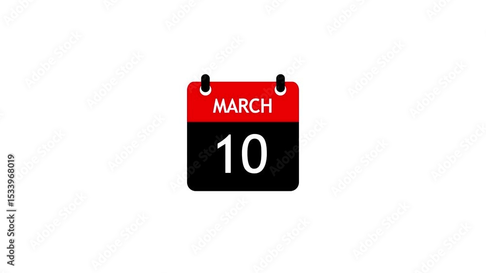 Poster march 10 daily calendar icon animation on transparent background. calendar with the date march 10 on