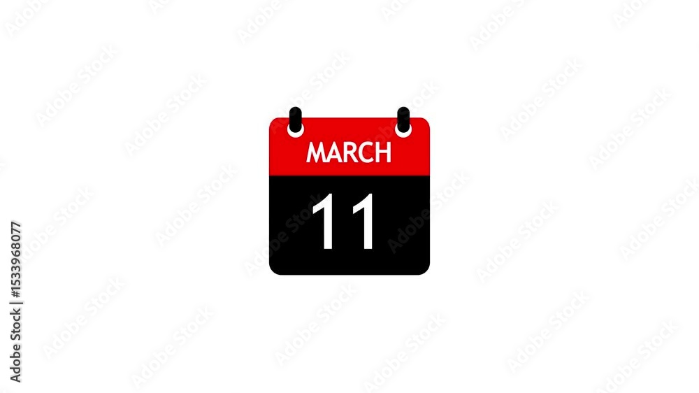 Poster march 11 daily calendar icon animation on transparent background. calendar with the date march 11 on