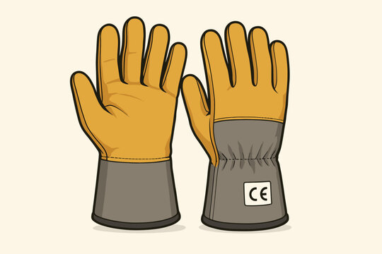Industrial safety gloves vector illustration. Pair of protective work gloves for construction or manufacturing. Personal Protective Equipment (PPE) icon with CE mark certification.
