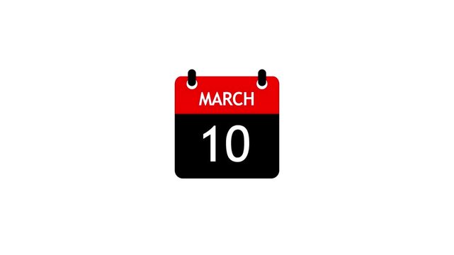 March 10 Daily Calendar icon animation on transparent background. Calendar with the date march 10 on a white background.