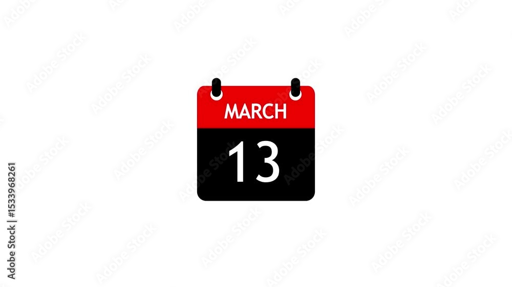 Poster march 13 daily calendar icon animation on transparent background. calendar with the date march 13 on