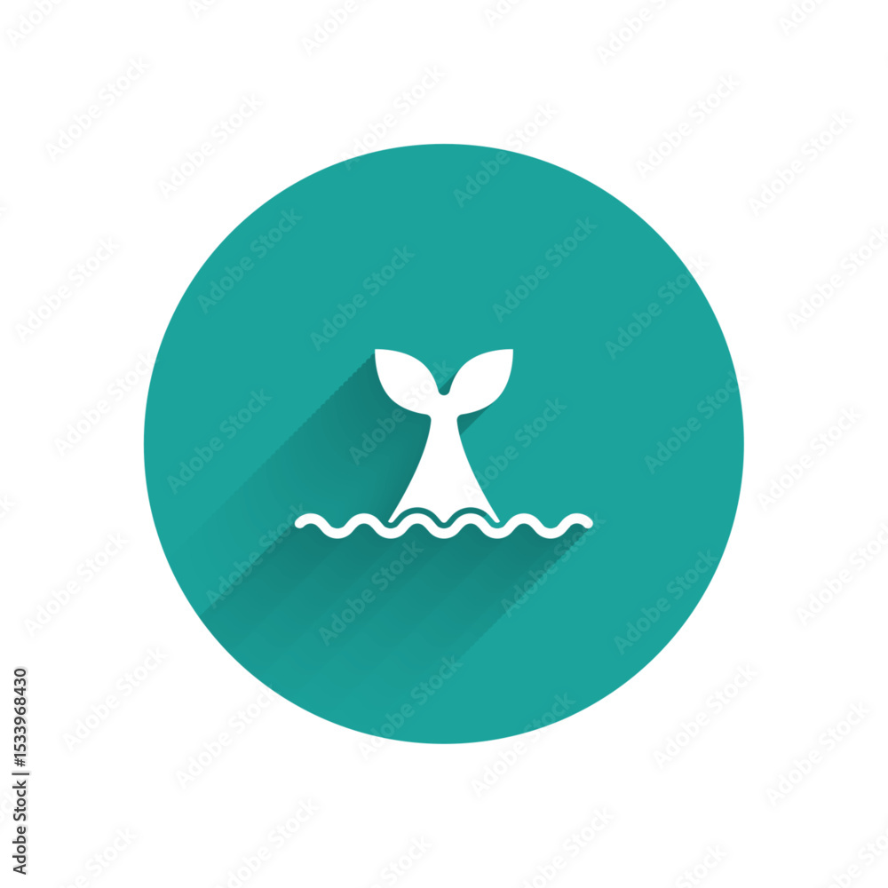 Poster white whale tail in ocean wave icon isolated with long shadow. green circle button. vector