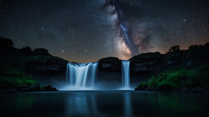 Milky Way Arching Above Waterfall at Night

