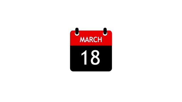 March 18 Daily Calendar icon animation on transparent background. Calendar with the date march 18 on a white background.