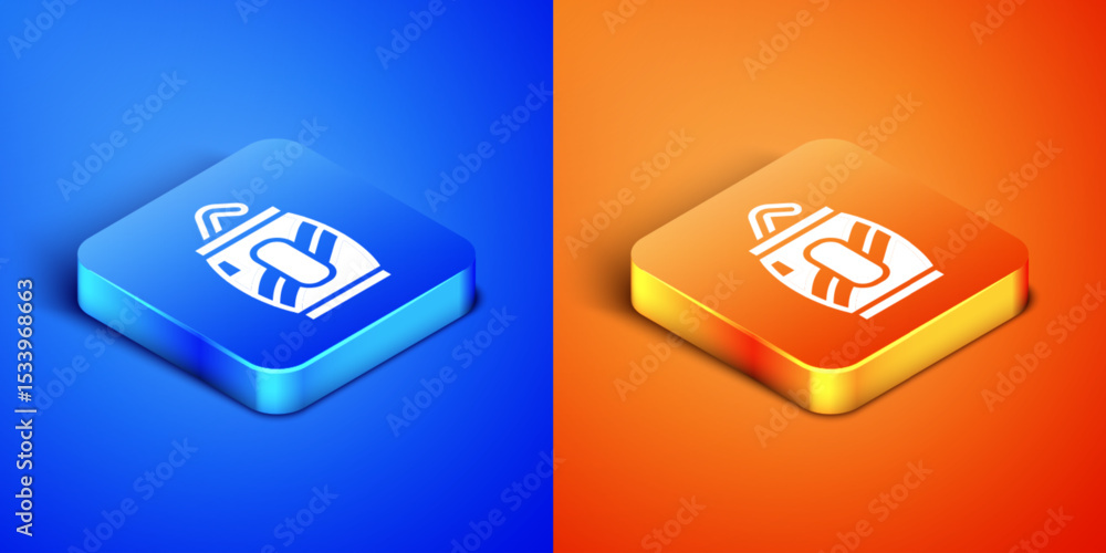 Poster isometric soda can with drinking straw icon isolated on blue and orange background. square button. v