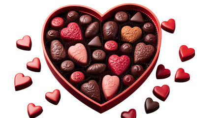 Heart-shaped chocolates gift box, Valentine's Day treats, luxury red packaging, romantic sweet present, isolated on transparent background.