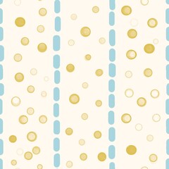 Seamless pattern with yellow polka dots and light blue stripes on beige background