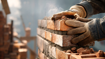 Skilled mason laying bricks in a construction site with smoke rising in the background