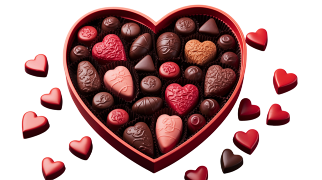 Heart-shaped chocolates gift box, Valentine's Day treats, luxury red packaging, romantic sweet present, isolated on transparent background.