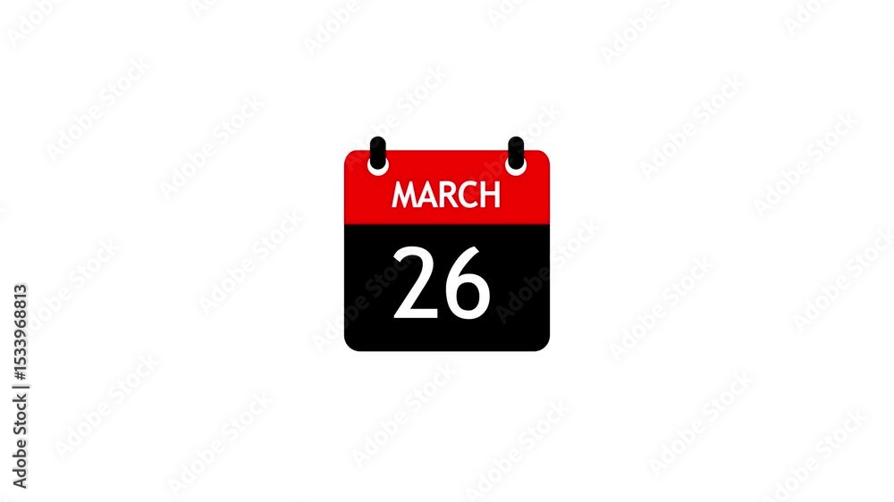 Poster march 26 daily calendar icon animation on transparent background. calendar with the date march 26 on
