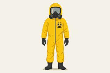 Man in yellow hazmat suit with gas mask and biohazard symbol. Full body protective clothing and equipment for virus, pandemic, contamination, quarantine, and biological danger.