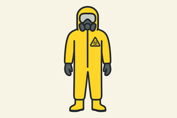 Character in yellow hazmat suit, full body protective clothing with gas mask and biohazard symbol. Biological danger, pandemic, virus, quarantine, contamination safety concept vector.