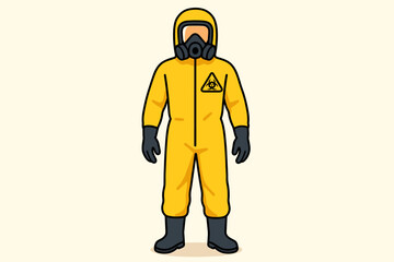 Man in yellow hazmat suit with biohazard symbol. Worker in full body protective chemical gear, PPE. Concept for virus, pandemic, quarantine, radioactive danger, safety. Vector.