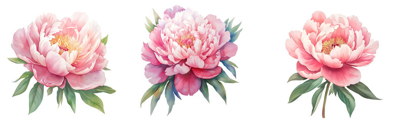 Collection of various pink flowers, watercolor flower clipart isolated on transparent background