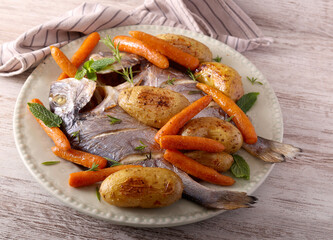 sea bream fish with carrot and potato