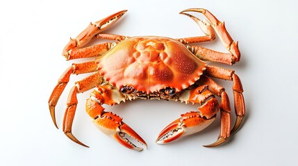 Bright orange cooked crab isolated on a white background, showing detailed claws and shell.