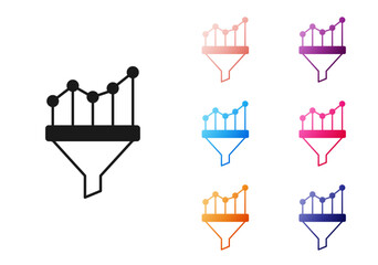 Black Sales funnel with chart for marketing and startup business icon isolated on white background. Infographic template. Set icons colorful. Vector