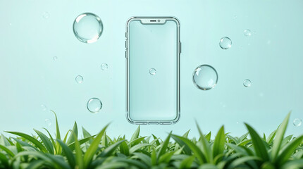 transparent phone case fly with water drops over green grass