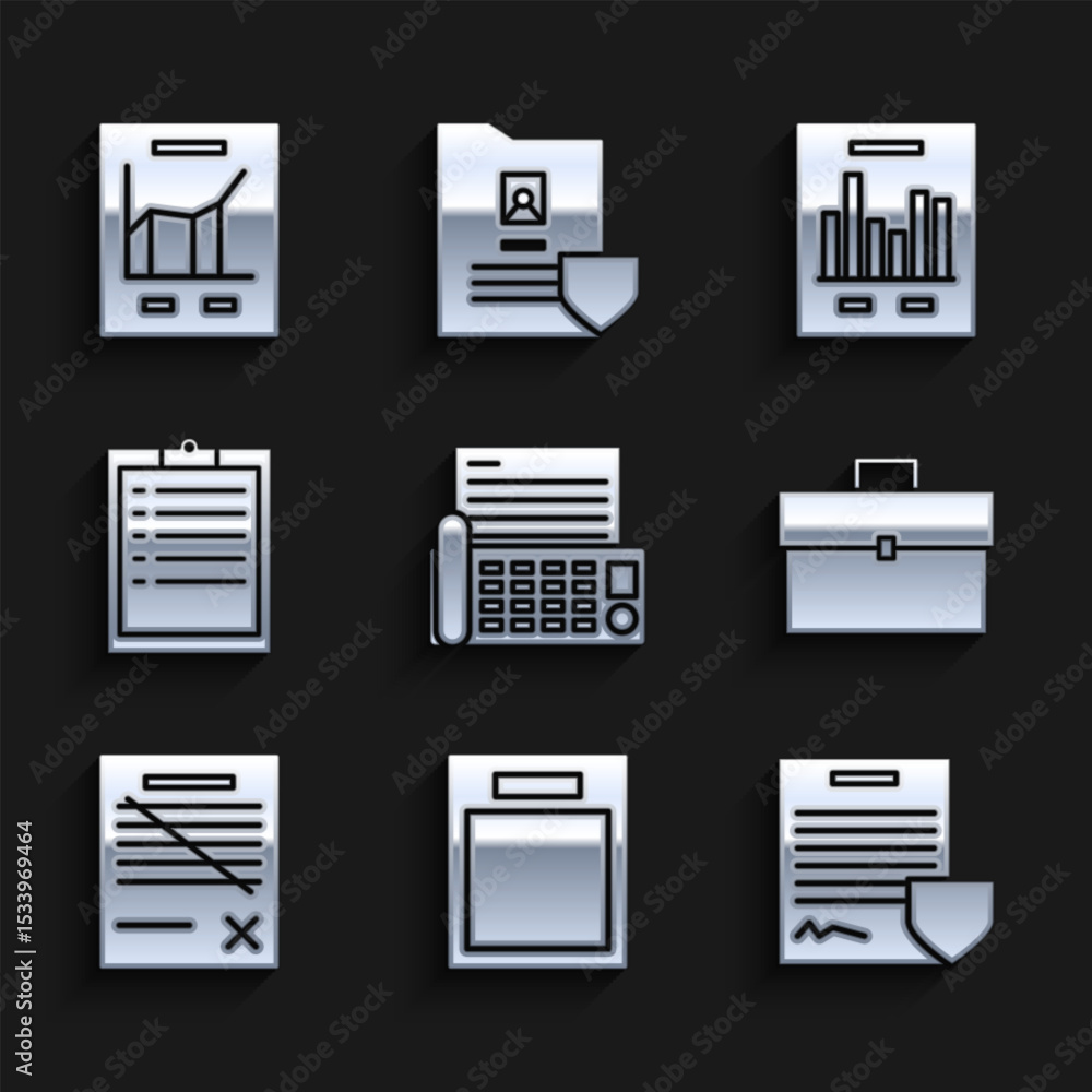Poster set fax machine, empty form, contract with shield, briefcase, delete file document, clipboard checkl