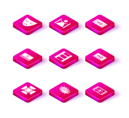 Set Movie spotlight, Bang boom text speech bubble balloon, Online play video, Play Video, Laptop screen with HD technology, 4k movie, tape, frame and Carpet barriers and star icon. Vector