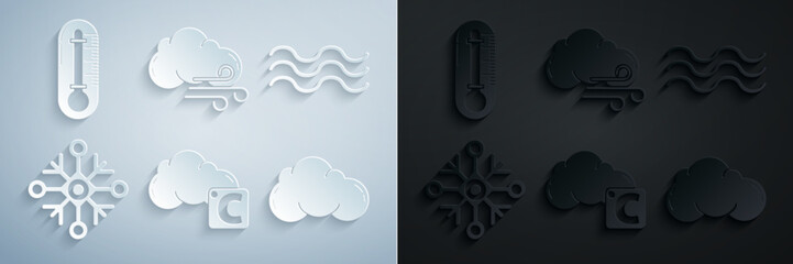 Set Celsius and cloud, Waves, Snowflake, Cloud, Windy weather and Thermometer icon. Vector