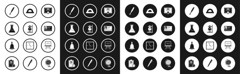 Set Certificate template, Test and chemical laboratory, Paint brush, Identification badge, Protractor grid for measuring degrees, Chalkboard and Ringing bell icon. Vector
