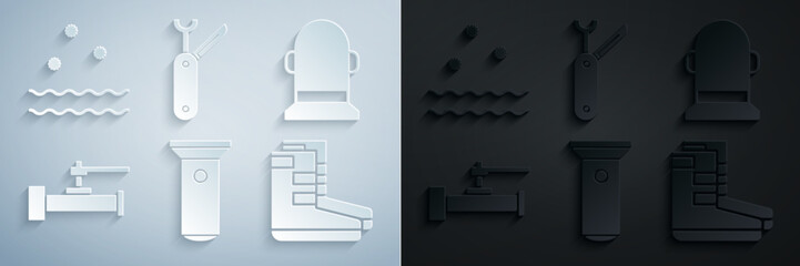 Set Flashlight, Buoy, Industry metallic pipes and valve, Boots, Swiss army knife and Cold waves icon. Vector