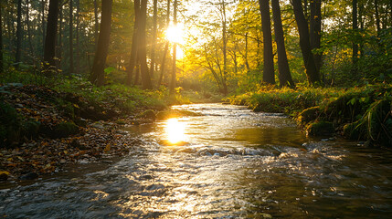 Fototapeta premium Forest creek in warm sunlight