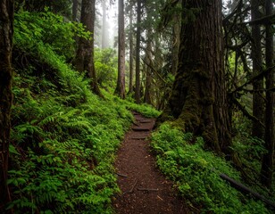 Fototapeta premium Lush, misty forest path. A well-worn trail winds through a verdant, damp forest. Tall, mossy trees line the path